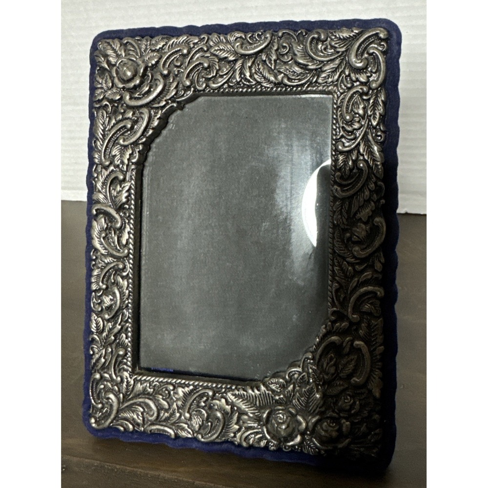Vintage Ornate Metal Photo Frame with Blue Velvet Back Made in Hong Kong